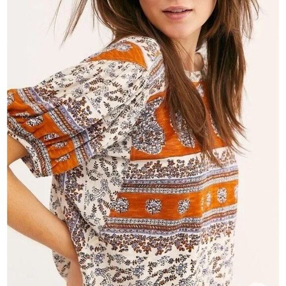 Free People High-Low Scoop Back Paisley-Print Top Boho Puff Sleeve Peasant XS - Picture 2 of 13